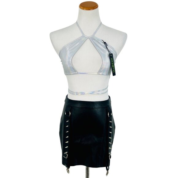 NWT Current Mood X Dolls Kill Black Vegan Leather Studded Garter Belt Mini Skirt - Picture 1 of 16